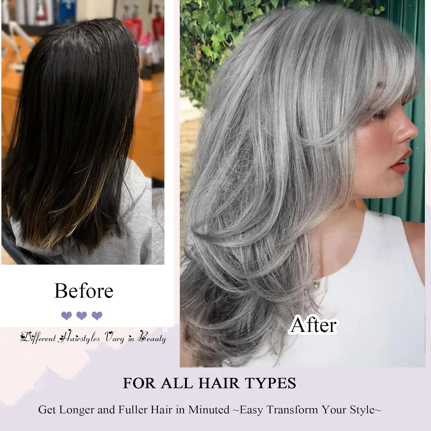 LEOSA Gray Wigs for Women Silver Wig with Curtain Bangs Layered Wig Long Wavy Gray Ombre Shoulder-Length Long Haired Synthetic Light Grey Wigs for Daily Party Use