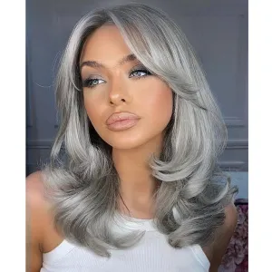 LEOSA Gray Wigs for Women Silver Wig with Curtain Bangs Layered Wig Long Wavy Gray Ombre Shoulder-Length Long Haired Synthetic Light Grey Wigs for Daily Party Use