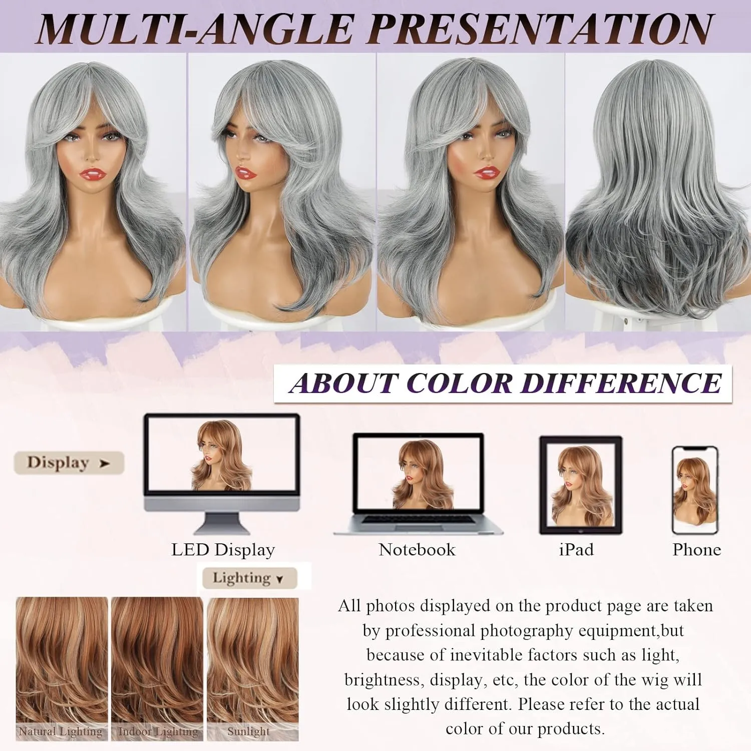 LEOSA Gray Wigs for Women Silver Wig with Curtain Bangs Layered Wig Long Wavy Gray Ombre Shoulder-Length Long Haired Synthetic Light Grey Wigs for Daily Party Use