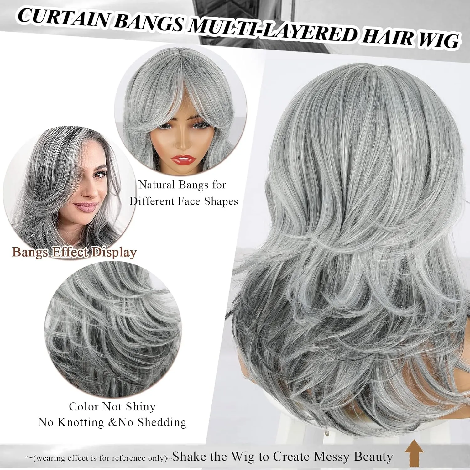 LEOSA Gray Wigs for Women Silver Wig with Curtain Bangs Layered Wig Long Wavy Gray Ombre Shoulder-Length Long Haired Synthetic Light Grey Wigs for Daily Party Use