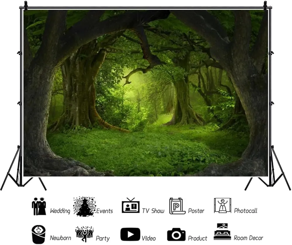 Leowefowa 8x6ft Vinyl Green Forest Photography BackdropFairy Tale Forest Old Tree Grass Field Jungle Forest Background Birthday Party Decor Children Kids Adults Portraits Backdrop Photo Studio Props