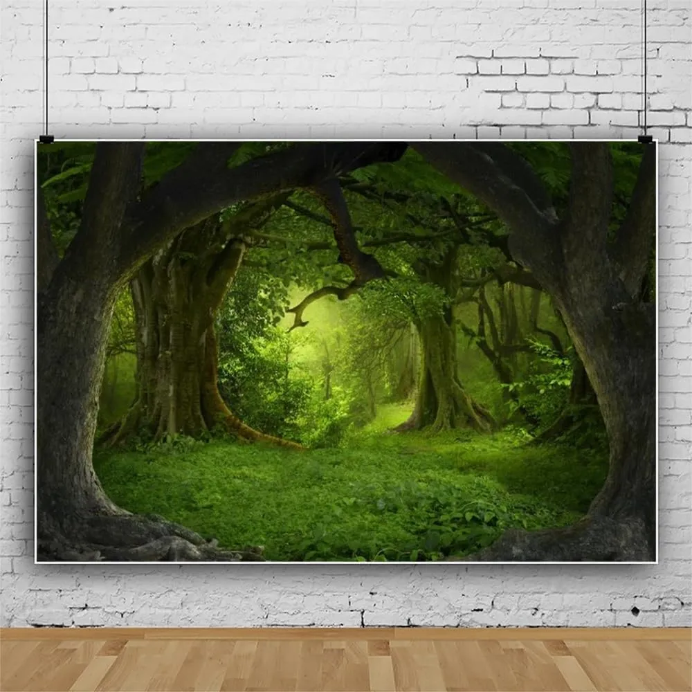 Leowefowa 8x6ft Vinyl Green Forest Photography BackdropFairy Tale Forest Old Tree Grass Field Jungle Forest Background Birthday Party Decor Children Kids Adults Portraits Backdrop Photo Studio Props