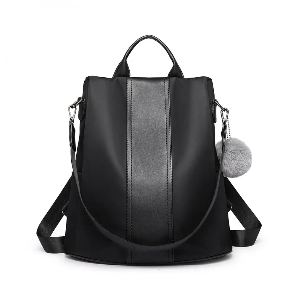Lg1903 - Miss Lulu Two Way Backpack Shoulder Bag With Pom Pom Pendant - Black