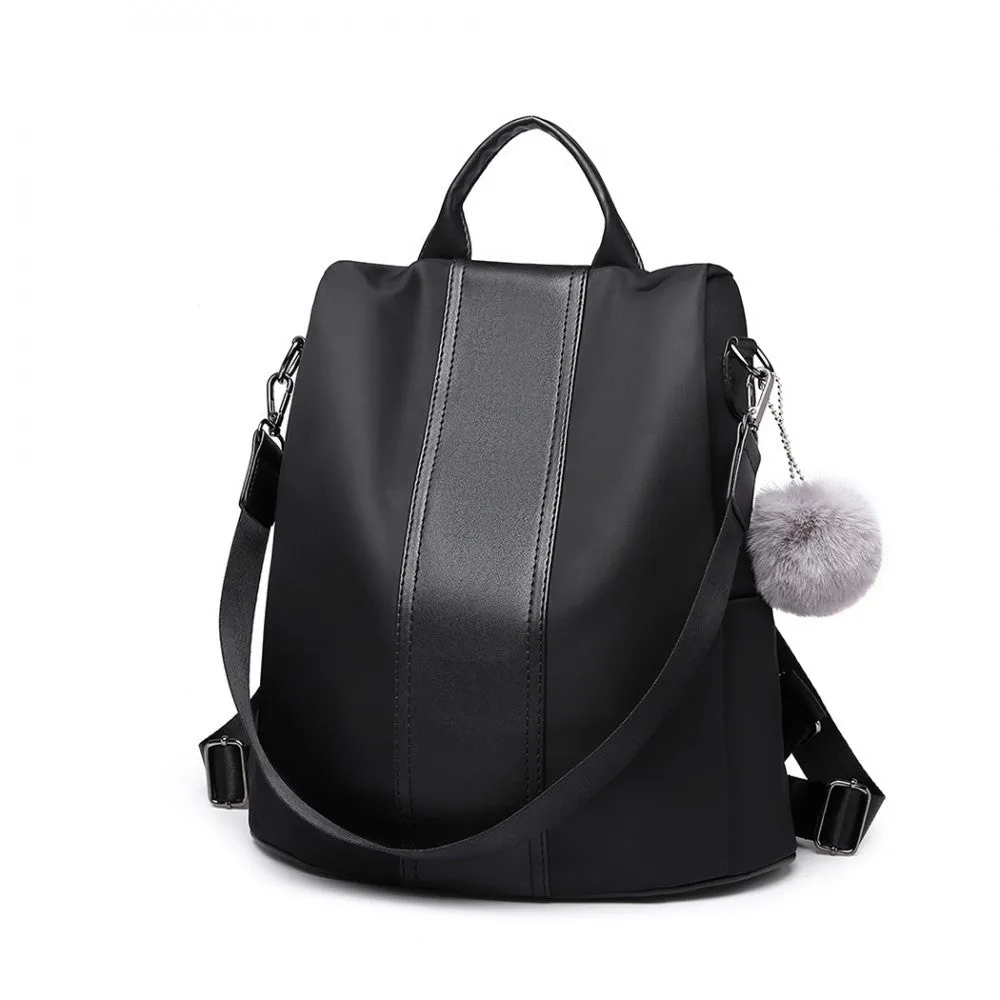 Lg1903 - Miss Lulu Two Way Backpack Shoulder Bag With Pom Pom Pendant - Black