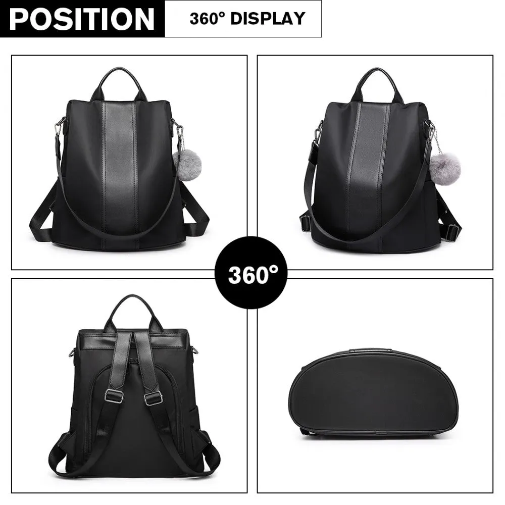 Lg1903 - Miss Lulu Two Way Backpack Shoulder Bag With Pom Pom Pendant - Black