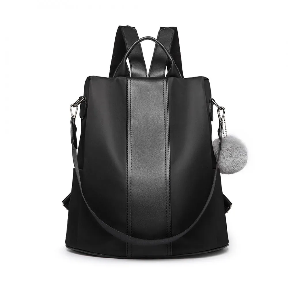Lg1903 - Miss Lulu Two Way Backpack Shoulder Bag With Pom Pom Pendant - Black