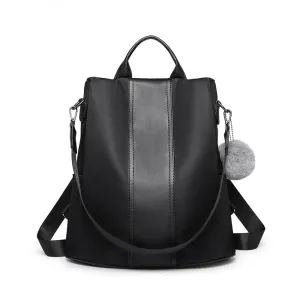 Lg1903 - Miss Lulu Two Way Backpack Shoulder Bag With Pom Pom Pendant - Black