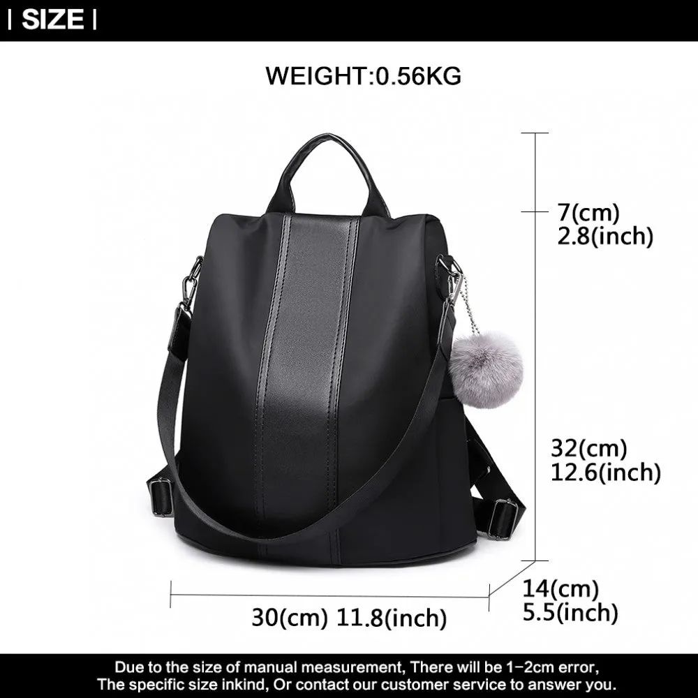 Lg1903 - Miss Lulu Two Way Backpack Shoulder Bag With Pom Pom Pendant - Black