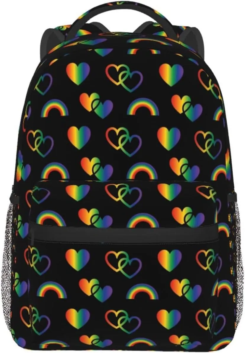 LGBT Pride Gay Love Rainbow Heart Backpack Lightweight Laptop Backpack Casual Daypack Travel Double Shoulder Bag For Women Men