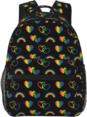 LGBT Pride Gay Love Rainbow Heart Backpack Lightweight Laptop Backpack Casual Daypack Travel Double Shoulder Bag For Women Men