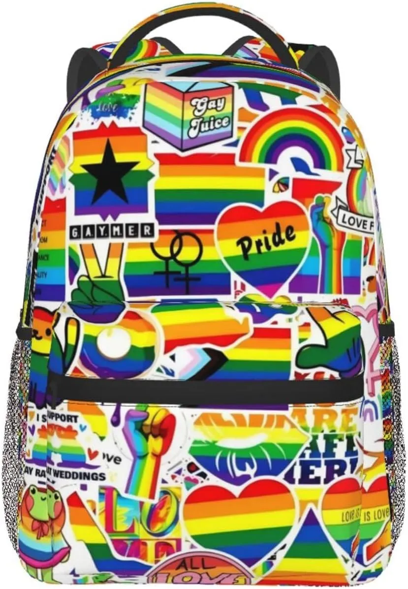 LGBT Pride Gay Love Rainbow Heart Stars Peace Fist Backpack Lightweight Laptop Backpack Casual Daypack Travel Double Shoulder Bag For Women Men
