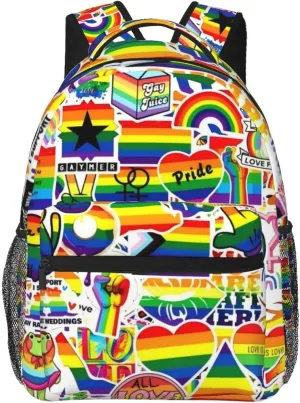 LGBT Pride Gay Love Rainbow Heart Stars Peace Fist Backpack Lightweight Laptop Backpack Casual Daypack Travel Double Shoulder Bag For Women Men