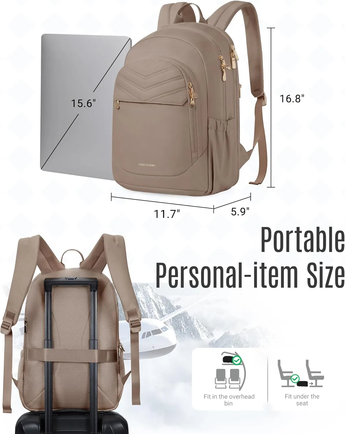 LIGHT FLIGHT College Backpack for Women Travel, 15.6" Laptop Backpack with USB Charging Hole, Water Resistant, Large Capacity, Daypack for Work, Casual Computer Bags, Champagne