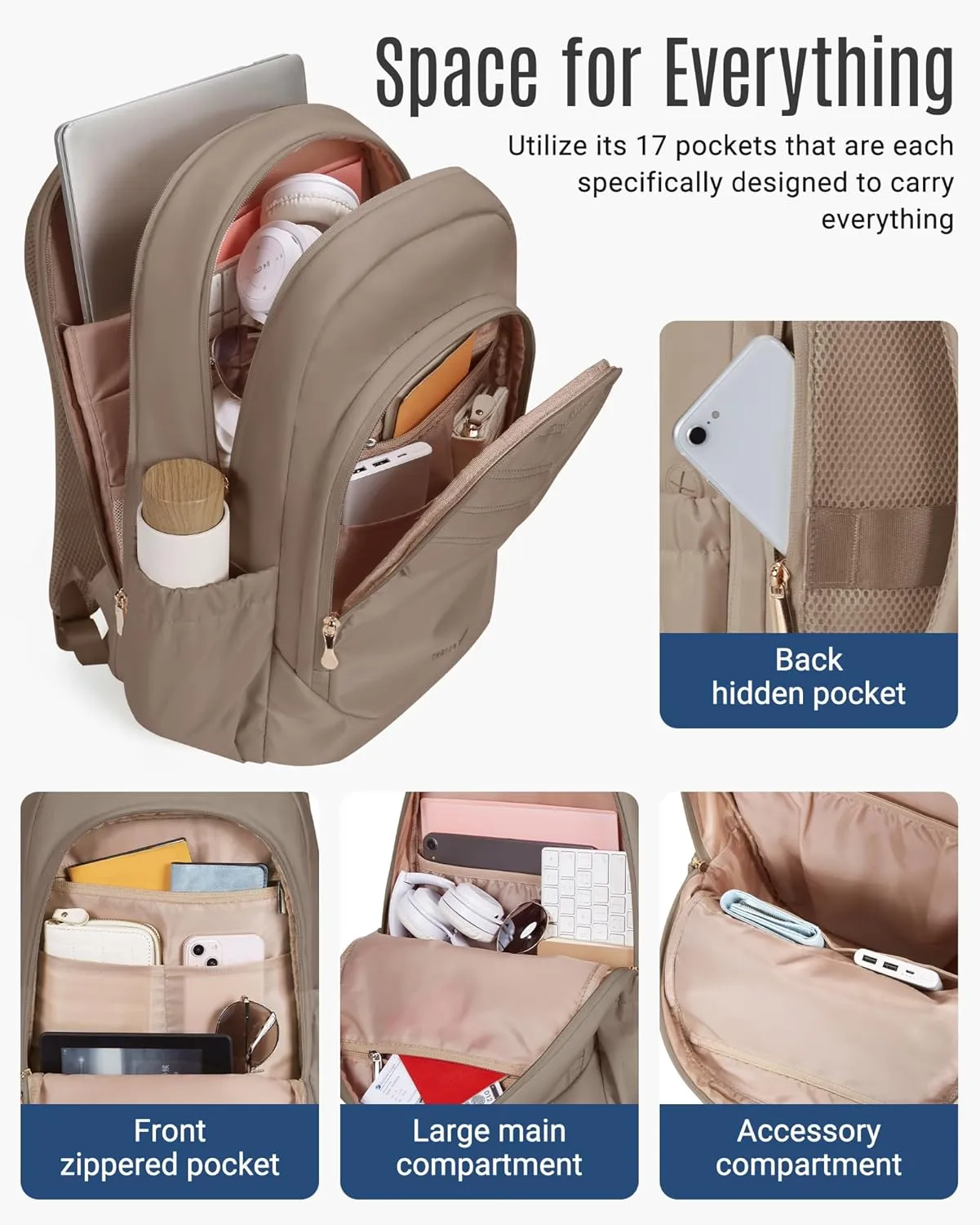 LIGHT FLIGHT College Backpack for Women Travel, 15.6" Laptop Backpack with USB Charging Hole, Water Resistant, Large Capacity, Daypack for Work, Casual Computer Bags, Champagne