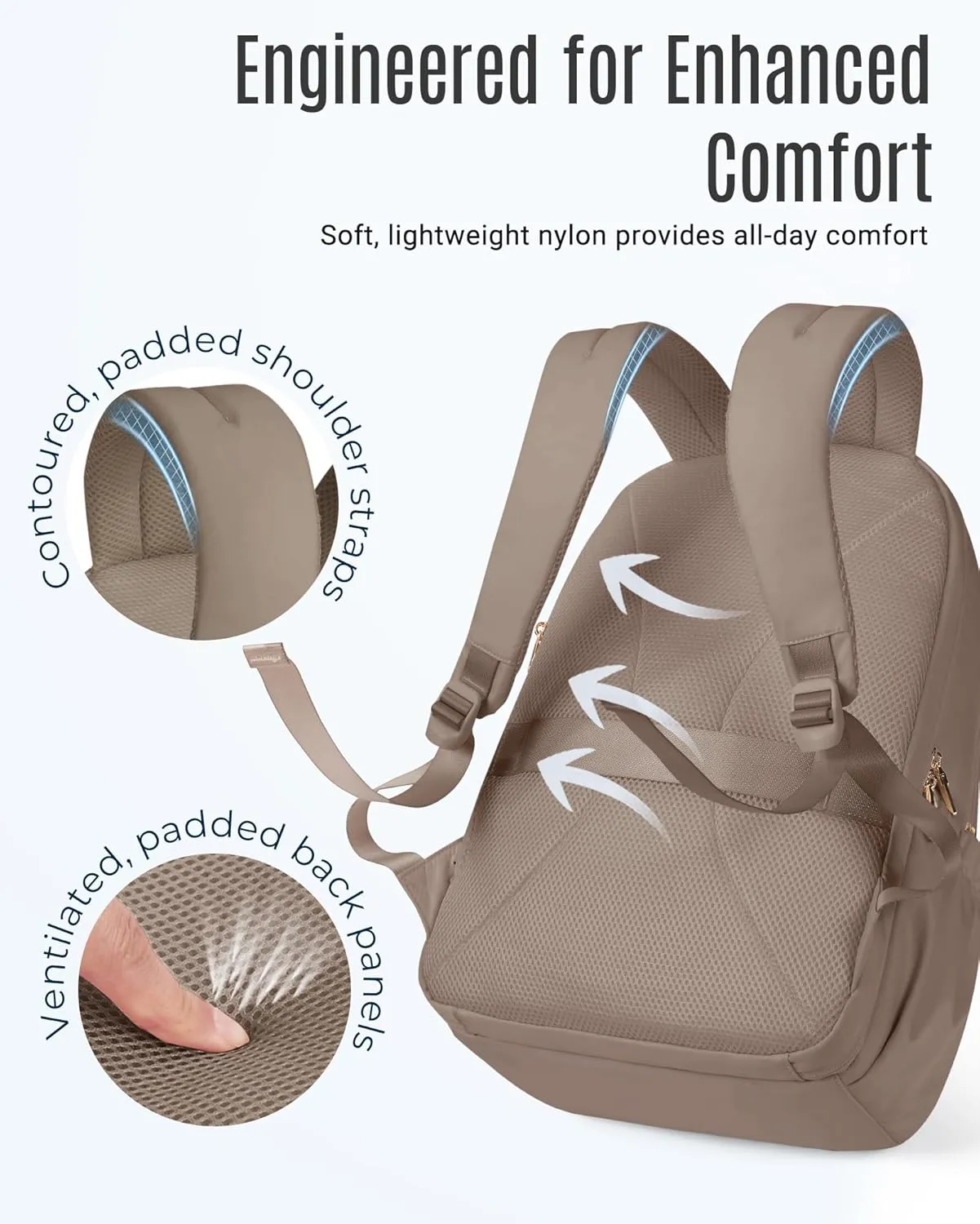 LIGHT FLIGHT College Backpack for Women Travel, 15.6" Laptop Backpack with USB Charging Hole, Water Resistant, Large Capacity, Daypack for Work, Casual Computer Bags, Champagne