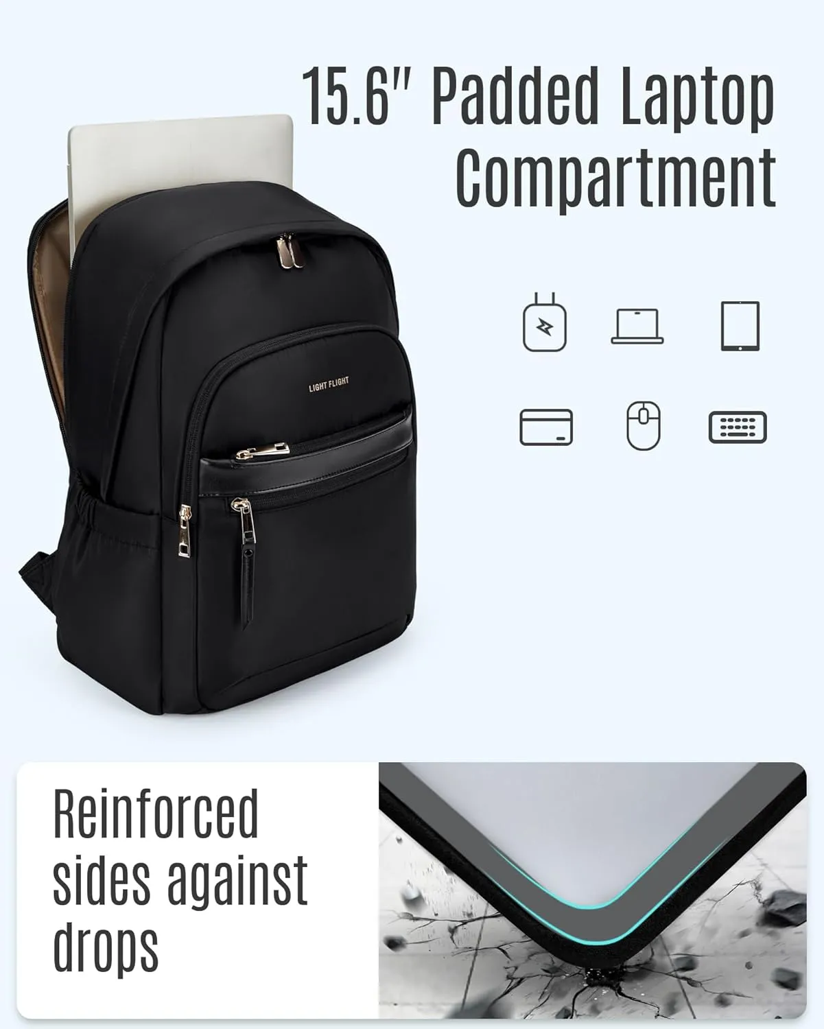 LIGHT FLIGHT Travel Backpack for Women, 15.6 Inch Stylish Laptop Backpack, Computer Bag for College Work Daily, Water-Resistant Casual Daypack with USB Port, Black