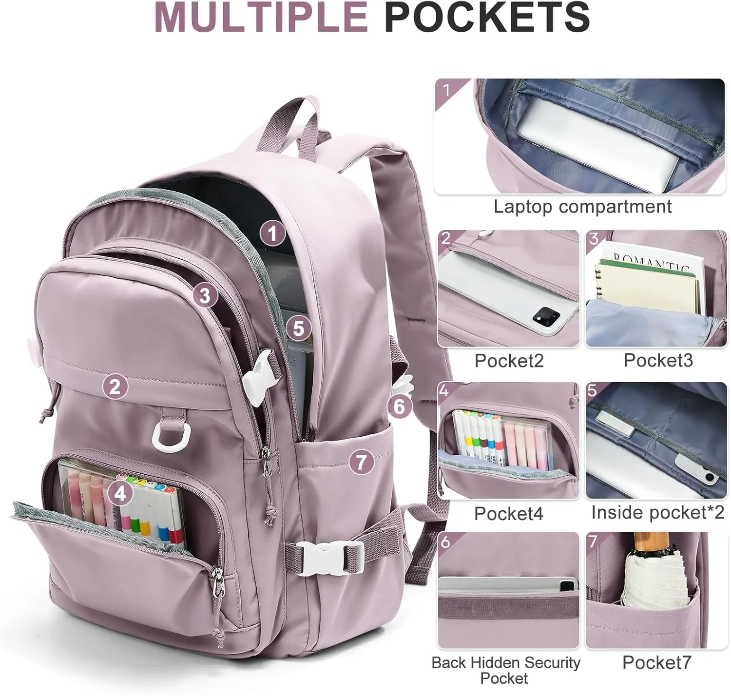 Lightweight College Backpack for Women Men Cute School Bag for Teens Girls Boys High School Backpack for Students Waterproof Casual Daypack Backpack（Purple）