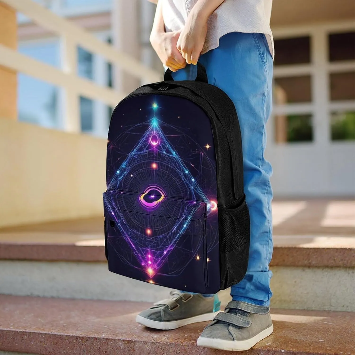 Lightweight Daypack Backpack for Sports Travel Running - Large Capacity Multipurpose Anti-Theft Bookbag, Sacred Geometry Symbols Sun Moon Trippy Purple Laptop Backpack Daypack