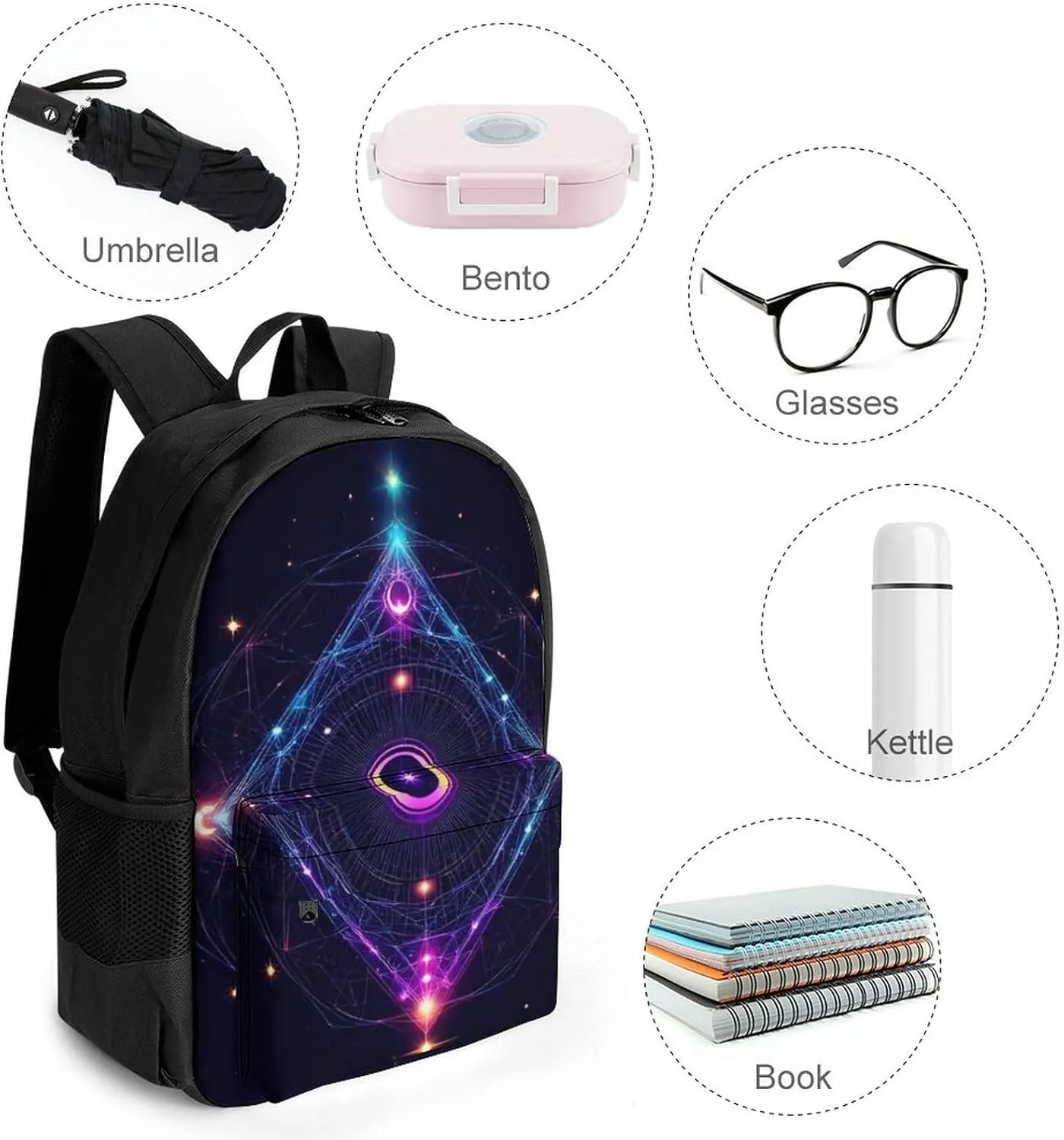 Lightweight Daypack Backpack for Sports Travel Running - Large Capacity Multipurpose Anti-Theft Bookbag, Sacred Geometry Symbols Sun Moon Trippy Purple Laptop Backpack Daypack