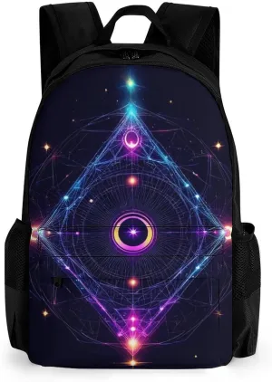 Lightweight Daypack Backpack for Sports Travel Running - Large Capacity Multipurpose Anti-Theft Bookbag, Sacred Geometry Symbols Sun Moon Trippy Purple Laptop Backpack Daypack
