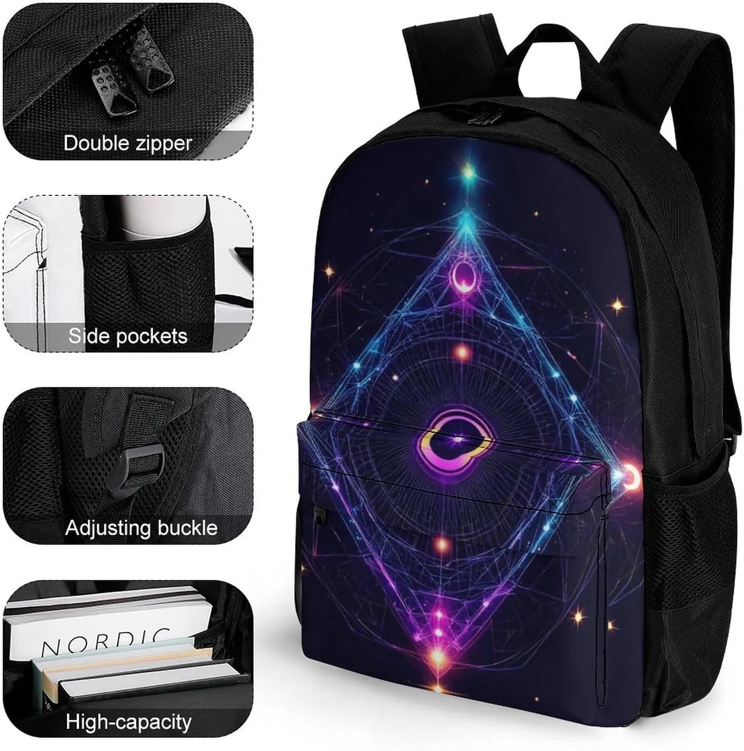 Lightweight Daypack Backpack for Sports Travel Running - Large Capacity Multipurpose Anti-Theft Bookbag, Sacred Geometry Symbols Sun Moon Trippy Purple Laptop Backpack Daypack
