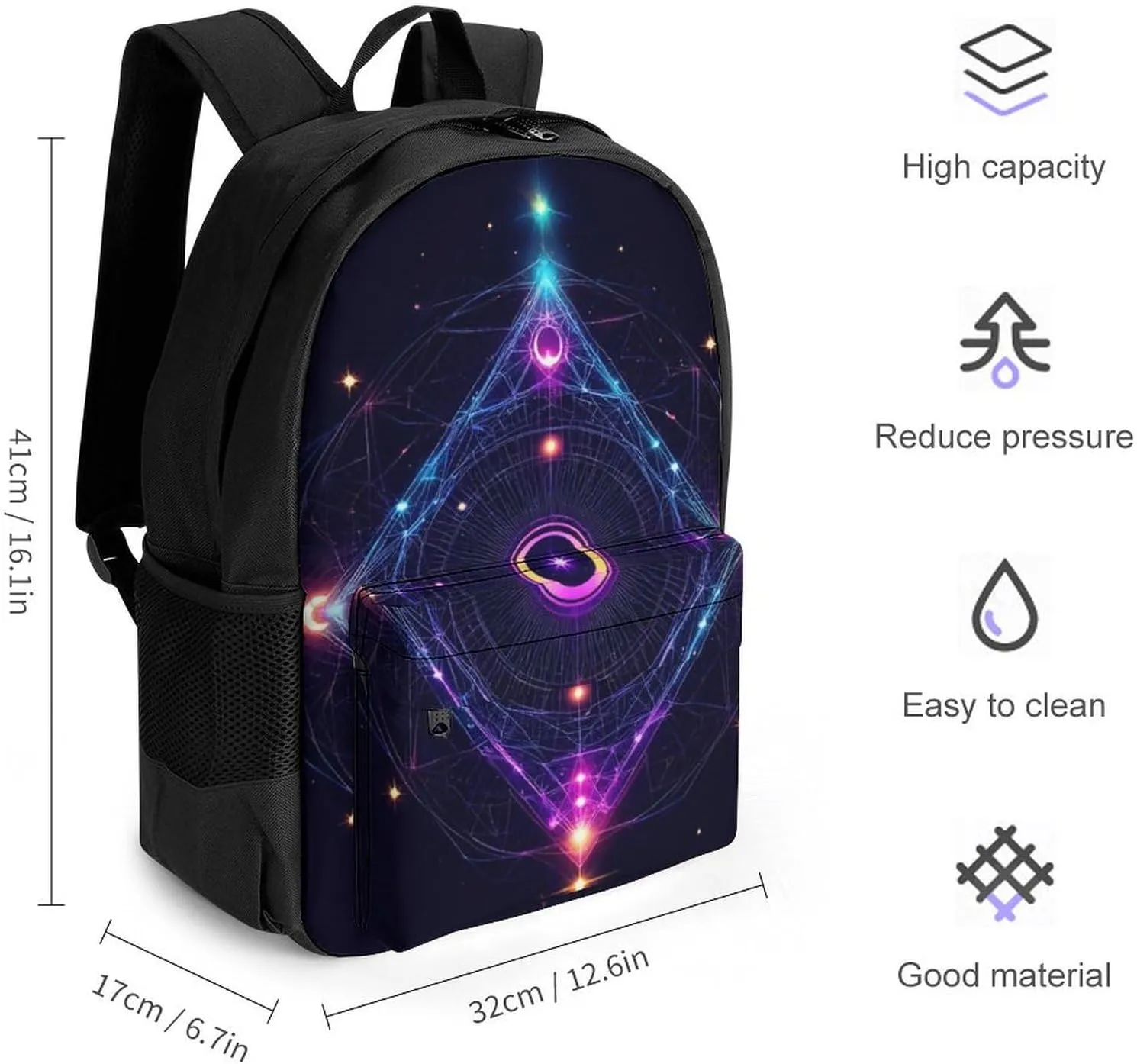 Lightweight Daypack Backpack for Sports Travel Running - Large Capacity Multipurpose Anti-Theft Bookbag, Sacred Geometry Symbols Sun Moon Trippy Purple Laptop Backpack Daypack
