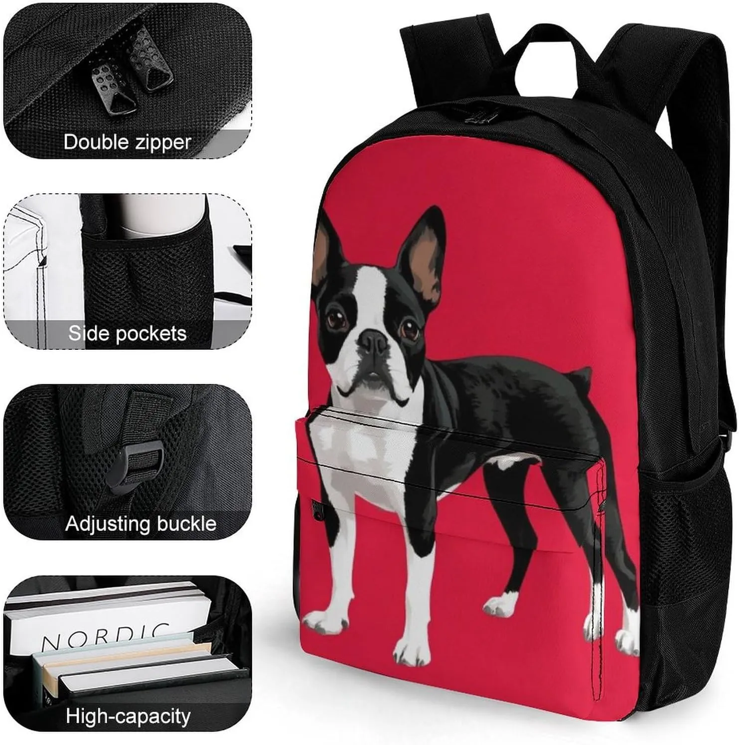 Lightweight Daypack Backpack for Trekking Work Running - Big Capacity Multipurpose Anti-Theft Bookbag, Black And White Boston Terrier Dog Red Business Computer Bag