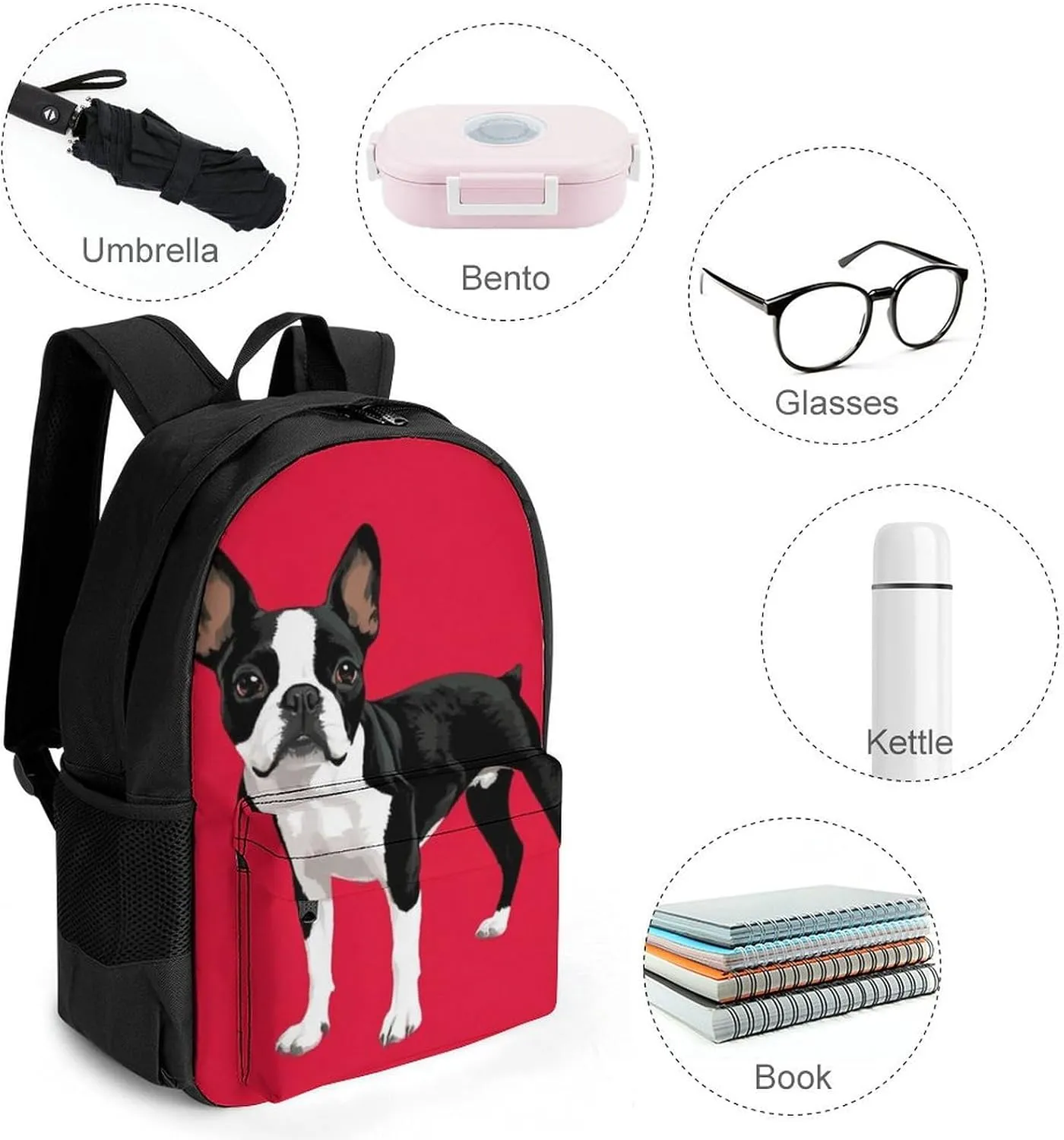 Lightweight Daypack Backpack for Trekking Work Running - Big Capacity Multipurpose Anti-Theft Bookbag, Black And White Boston Terrier Dog Red Business Computer Bag