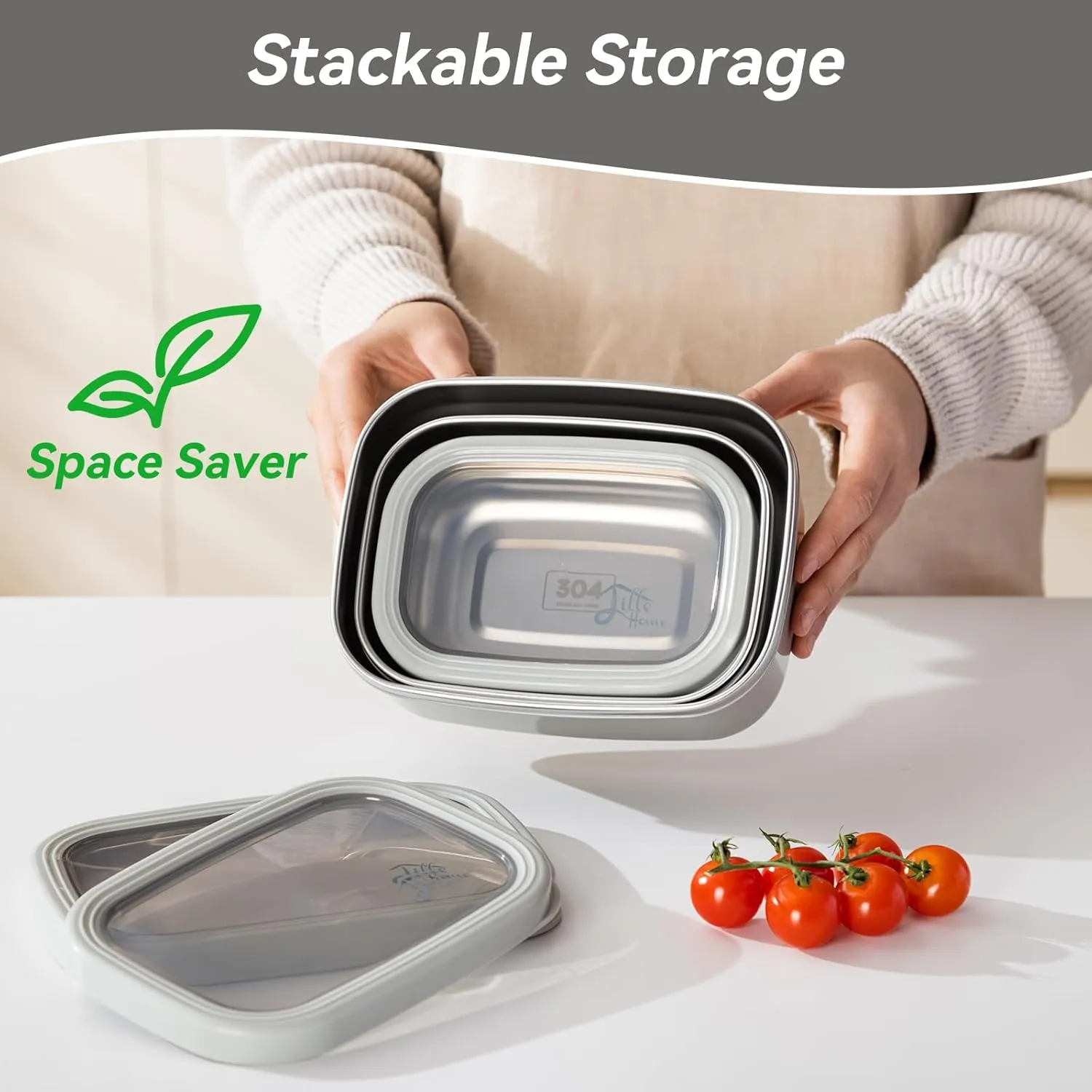 Lille Home Leak Proof Salad Container Stainless for Lunch - Snack Containers Steel - Ideal for Educational Settings & Daycare - Nesting Trio with Silicone Lids - 47oz 30oz 16oz - Grey