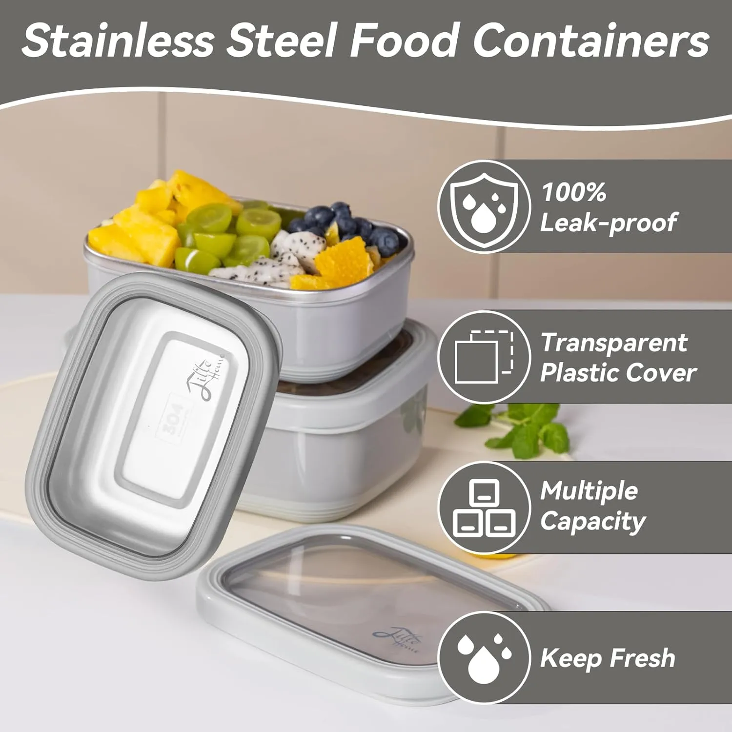 Lille Home Leak Proof Salad Container Stainless for Lunch - Snack Containers Steel - Ideal for Educational Settings & Daycare - Nesting Trio with Silicone Lids - 47oz 30oz 16oz - Grey
