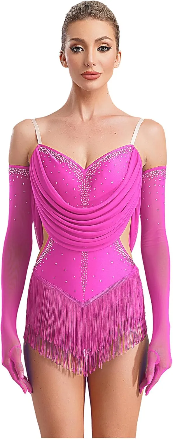 Linjinx Womens Latin Dance Leotard Dress Figure Skating Cha-cha Samba Tango Costume Rhinestones Tassel Bodysuit with Gloves