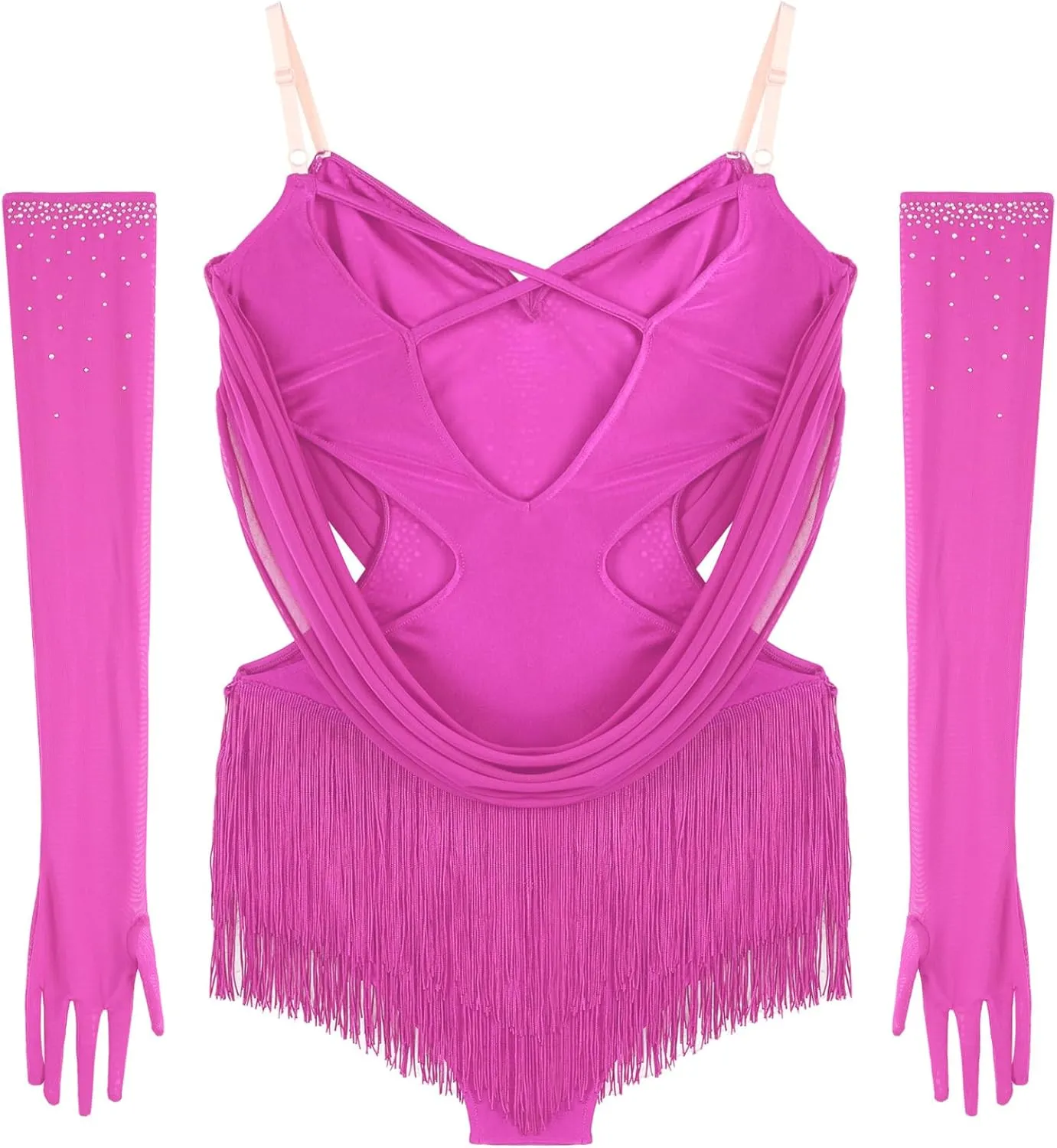 Linjinx Womens Latin Dance Leotard Dress Figure Skating Cha-cha Samba Tango Costume Rhinestones Tassel Bodysuit with Gloves