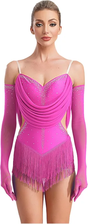 Linjinx Womens Latin Dance Leotard Dress Figure Skating Cha-cha Samba Tango Costume Rhinestones Tassel Bodysuit with Gloves