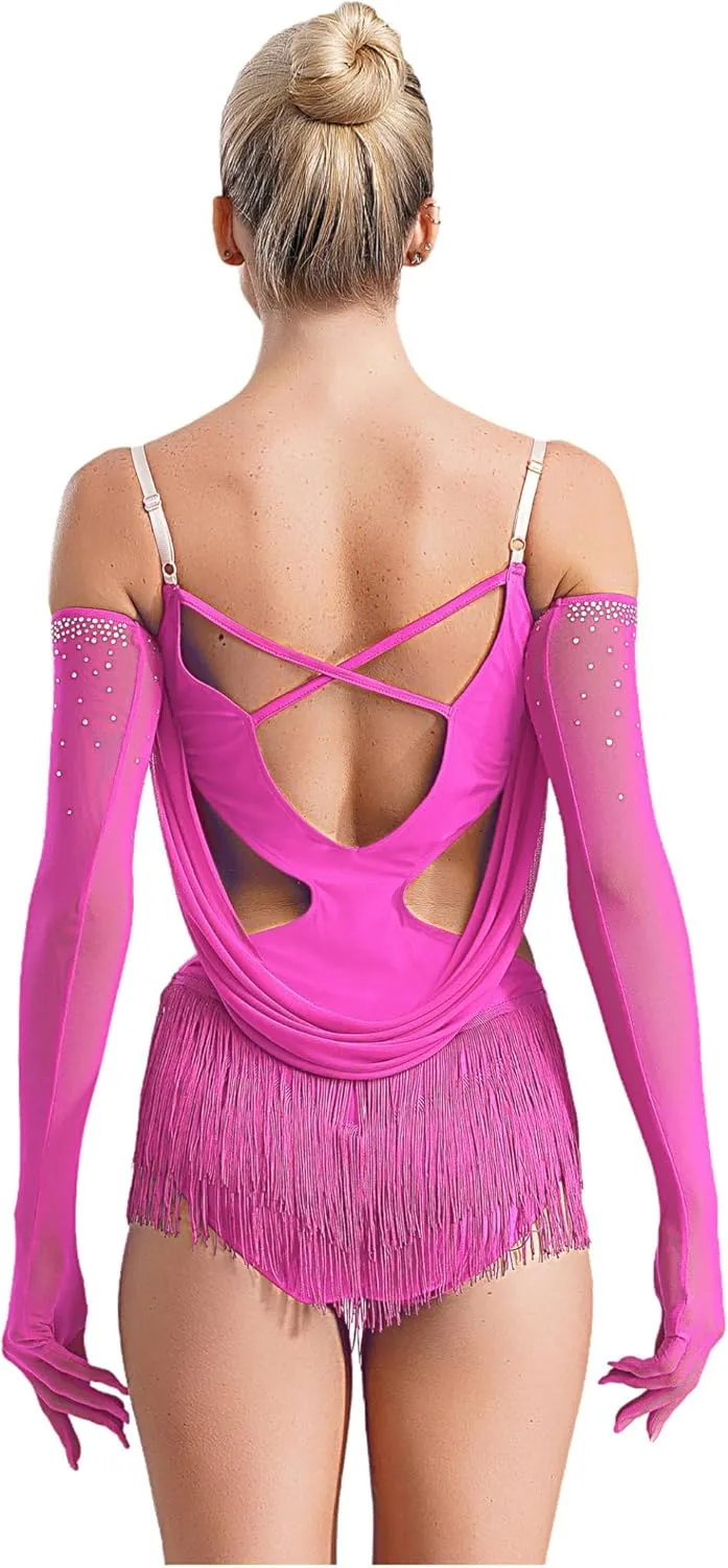 Linjinx Womens Latin Dance Leotard Dress Figure Skating Cha-cha Samba Tango Costume Rhinestones Tassel Bodysuit with Gloves
