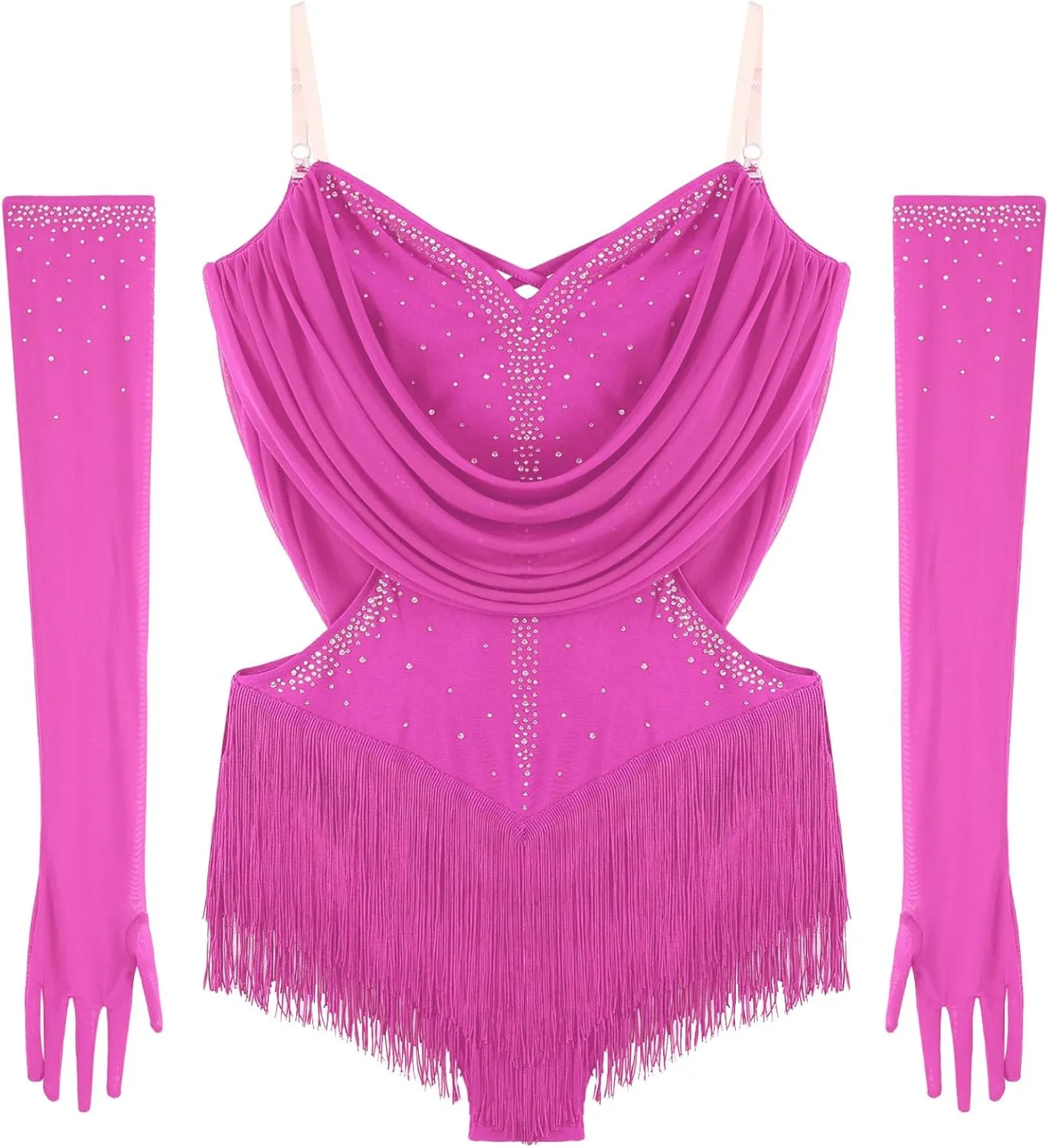 Linjinx Womens Latin Dance Leotard Dress Figure Skating Cha-cha Samba Tango Costume Rhinestones Tassel Bodysuit with Gloves