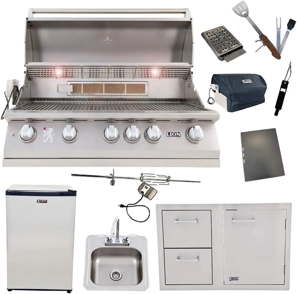 Lion 40-Inch Natural Gas Grill L90000 with Refrigerator and Door and Drawer Combo and Drop-In Sink with and 5 in 1 BBQ Tool Set Best of Backyard Package Deal