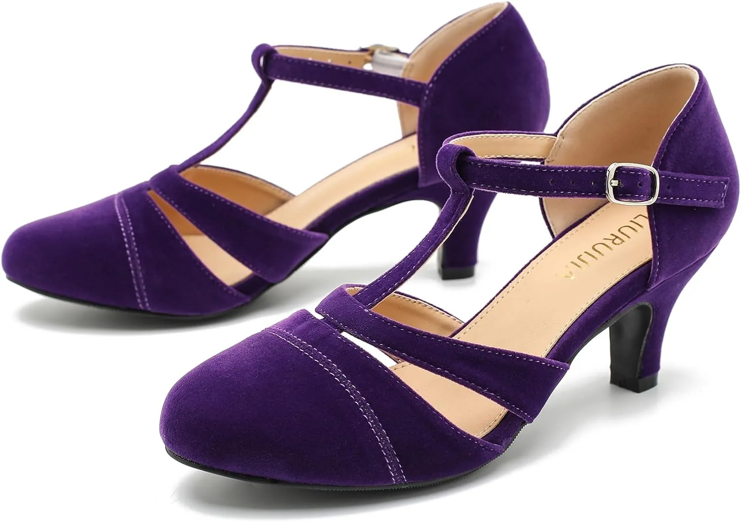 LIURUIJIA Womens T Strap Low Kitten Heels Cutout Pumps Closed Toe Mary Janes Wedding Ballroom Dance Dress Shoes