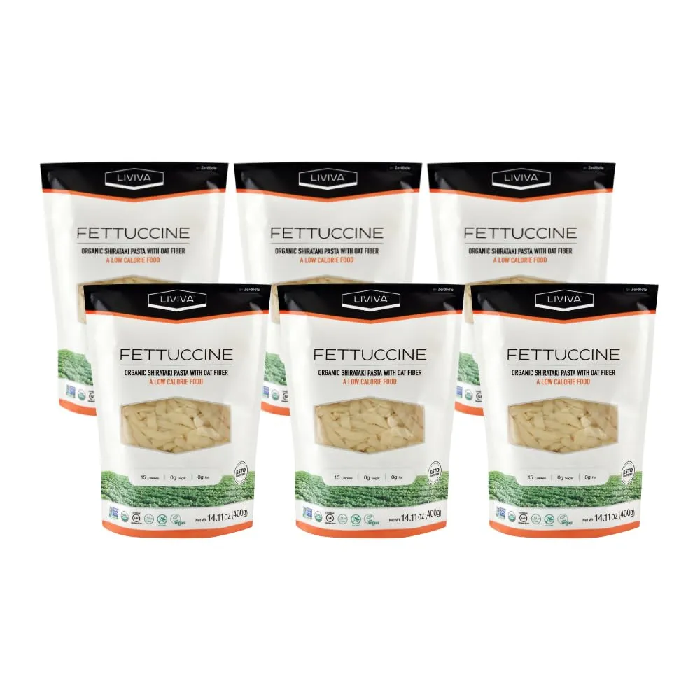 LIVIVA Organic Shirataki Konjac Fettuccine Noodle 6 Pk (110 oz) – Diabetic-Friendly Low Carb, Low Calorie Pasta Noodles Ready to Serve – No Odor, Certified Non-GMO, Gluten Free, Vegan, Plant-Based, Keto, Kosher, Halal
