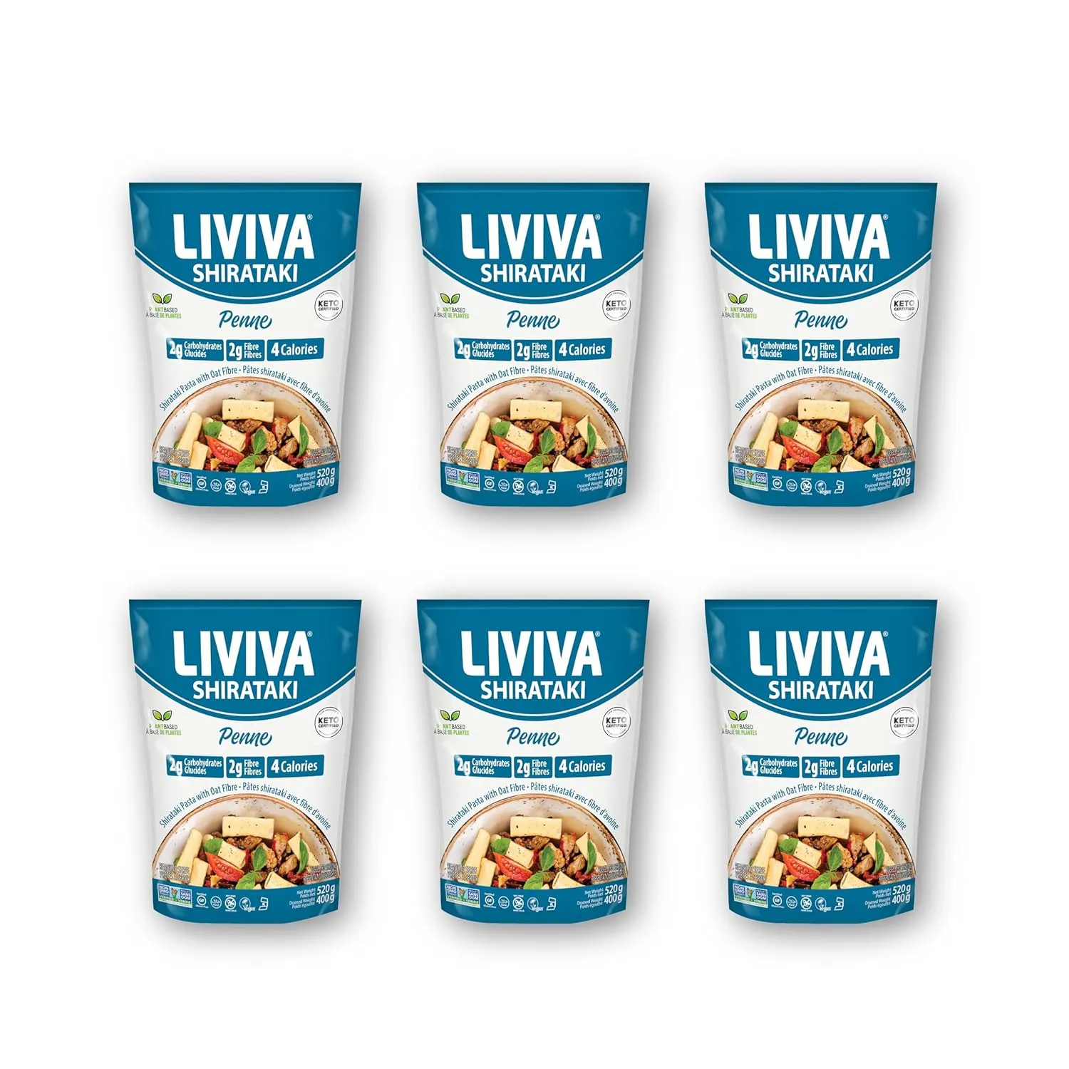 LIVIVA Organic Shirataki Konjac Penne (6 Pk - 110 oz) – Diabetic-Friendly Low Carb, Low Calorie Pasta Noodles Ready to Serve – No Odor, Certified Non-GMO, Gluten Free, Vegan, Plant-Based, Keto, Kosher, Halal
