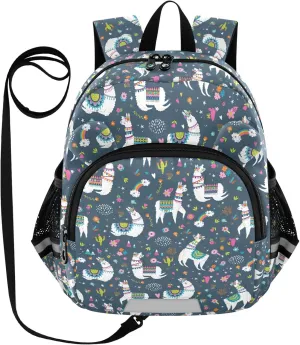 Llama Preschool Backpack Cactus Rainbow Daycare Bookbag School Backpack with Traction Rope for Kids 3-6