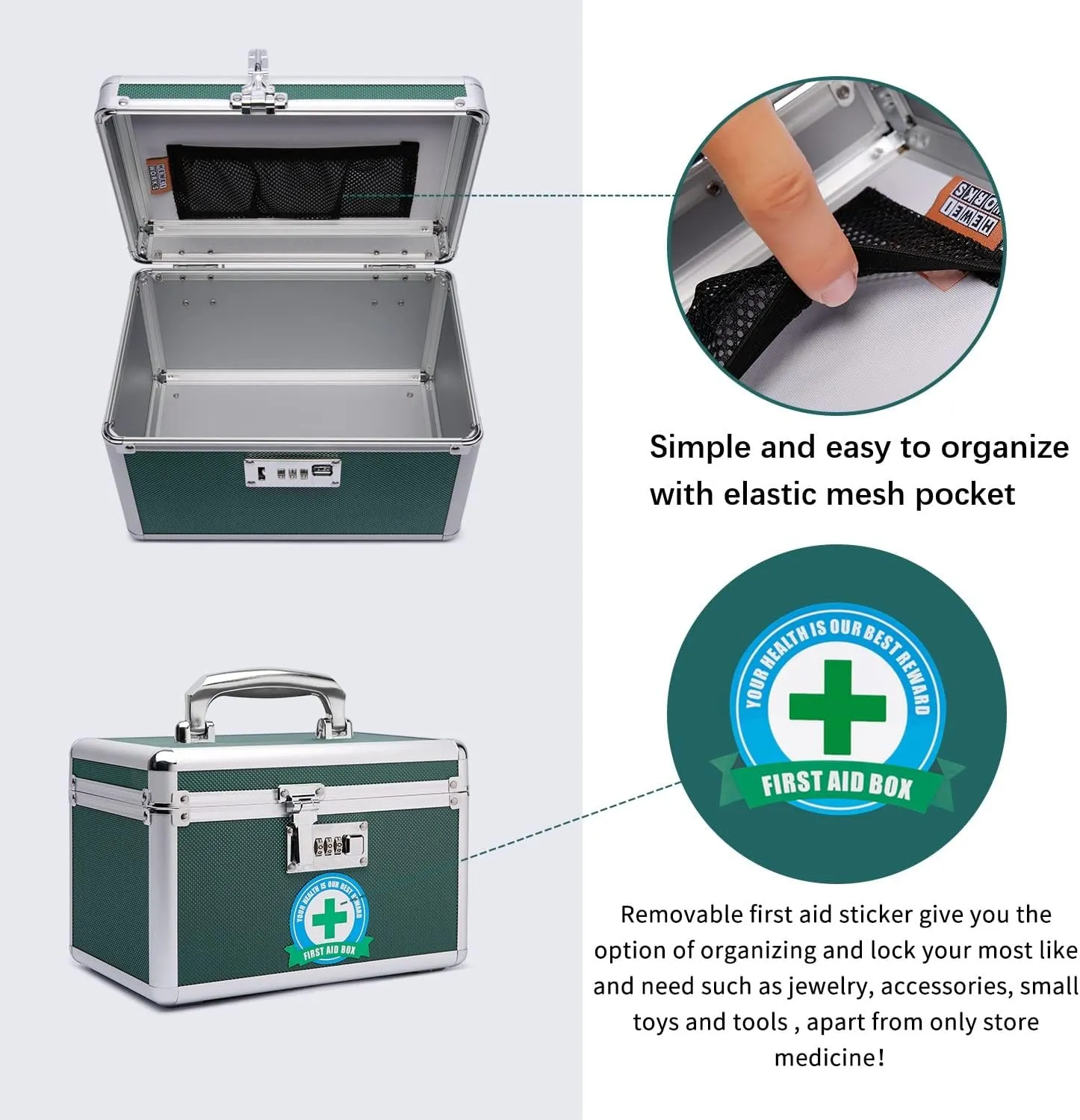 Lockable Medication Box with Portable Storage Case, 10.2''x 6.8''x 6.8'', Childproof Medicine Lock Organizer, Lockbox for Secure Cash, Jewelry, ID Documents (Green/Small)