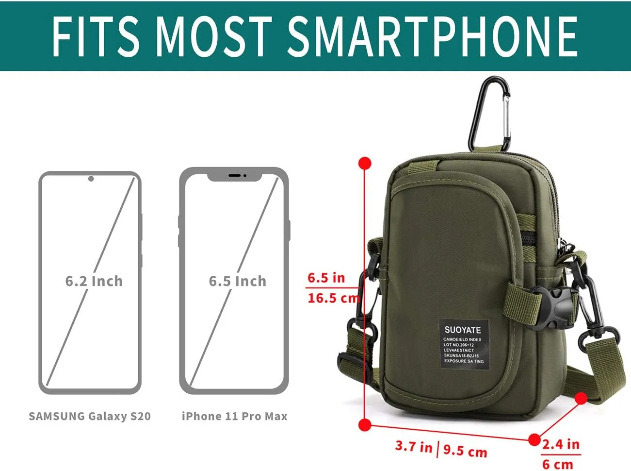 Lohol Multifunction Cell Phone Holster, One Shoulder Pouch with Carabiner, Outdoor Tactical Waist Belt Bag, Security Purse Crossbody Gadget Pocket for Smartphone Up to 6.5 inches