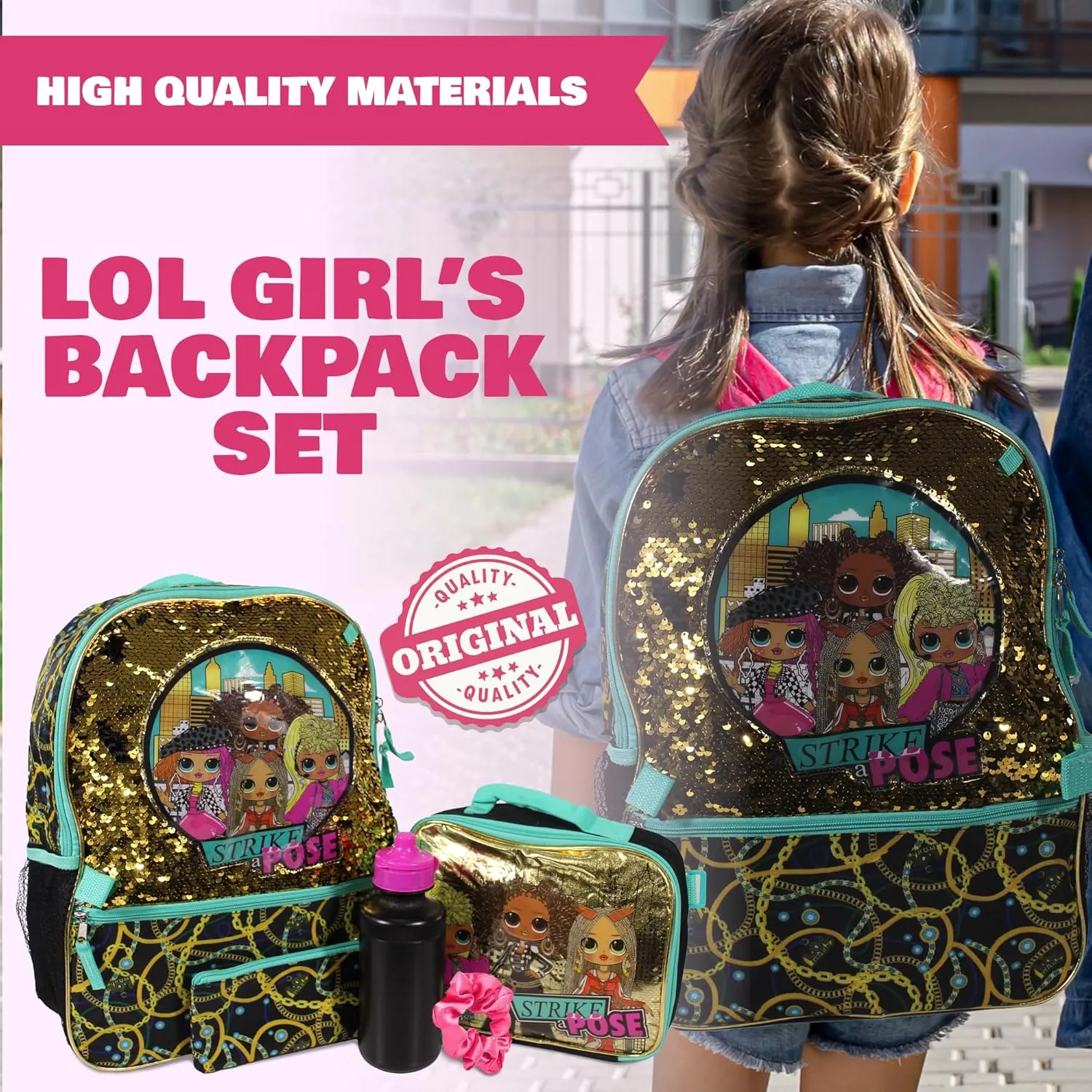 L.O.L. Surprise 5 Piece Backpack Set for Girls, O.M.G. Brush Glitter Sequin 16" School Bag, Black and Gold