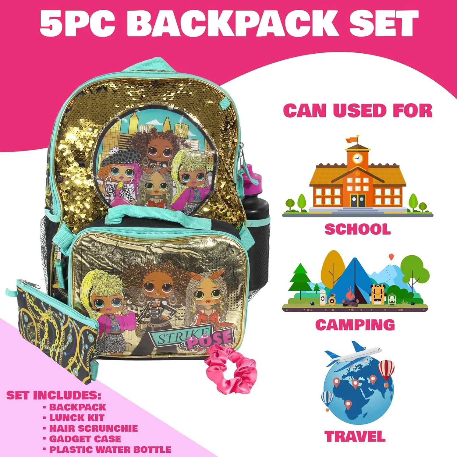 L.O.L. Surprise 5 Piece Backpack Set for Girls, O.M.G. Brush Glitter Sequin 16" School Bag, Black and Gold
