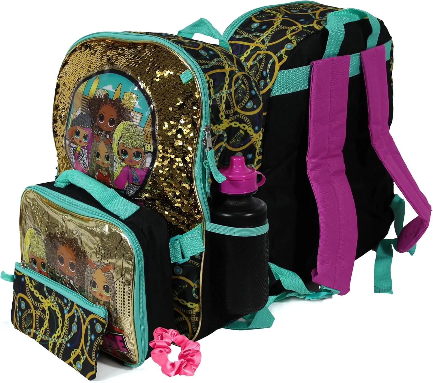 L.O.L. Surprise 5 Piece Backpack Set for Girls, O.M.G. Brush Glitter Sequin 16" School Bag, Black and Gold