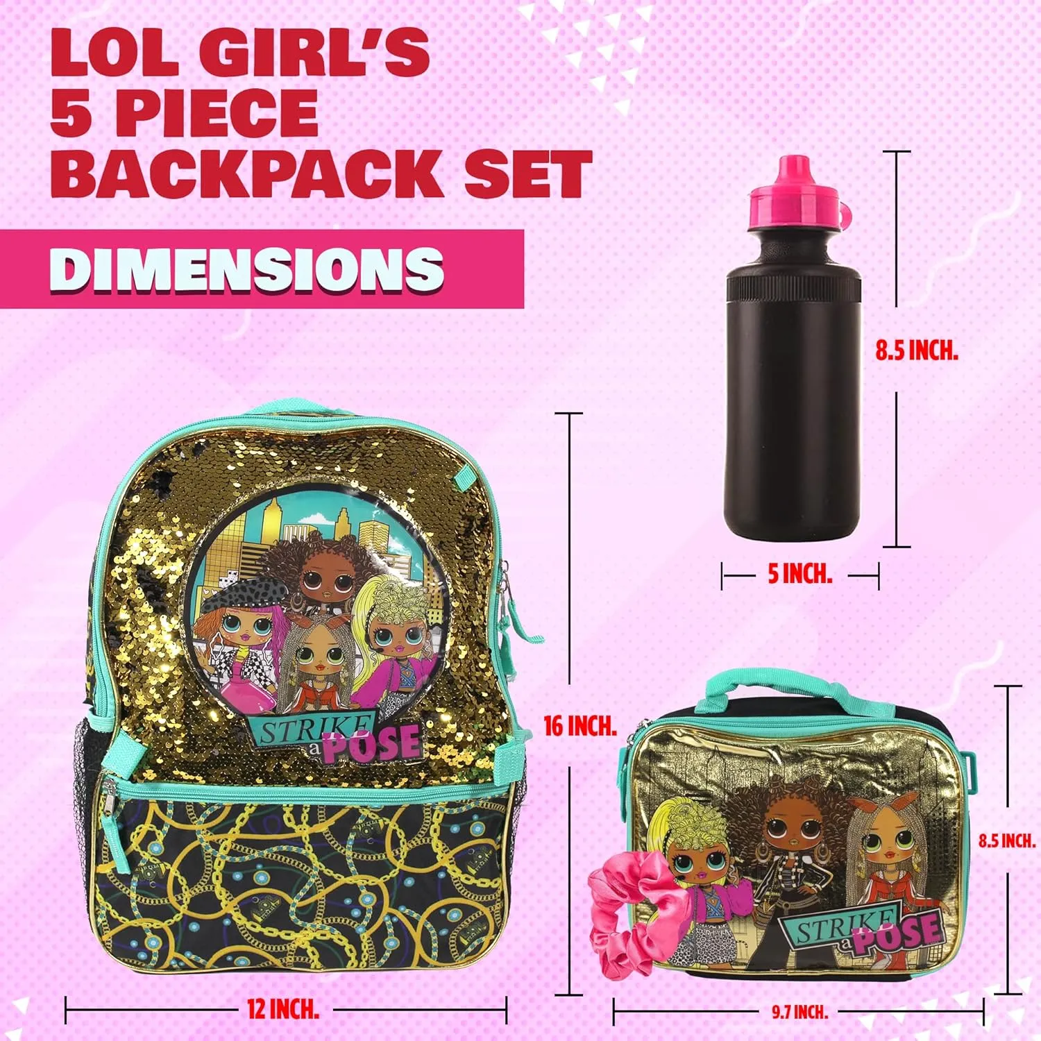 L.O.L. Surprise 5 Piece Backpack Set for Girls, O.M.G. Brush Glitter Sequin 16" School Bag, Black and Gold