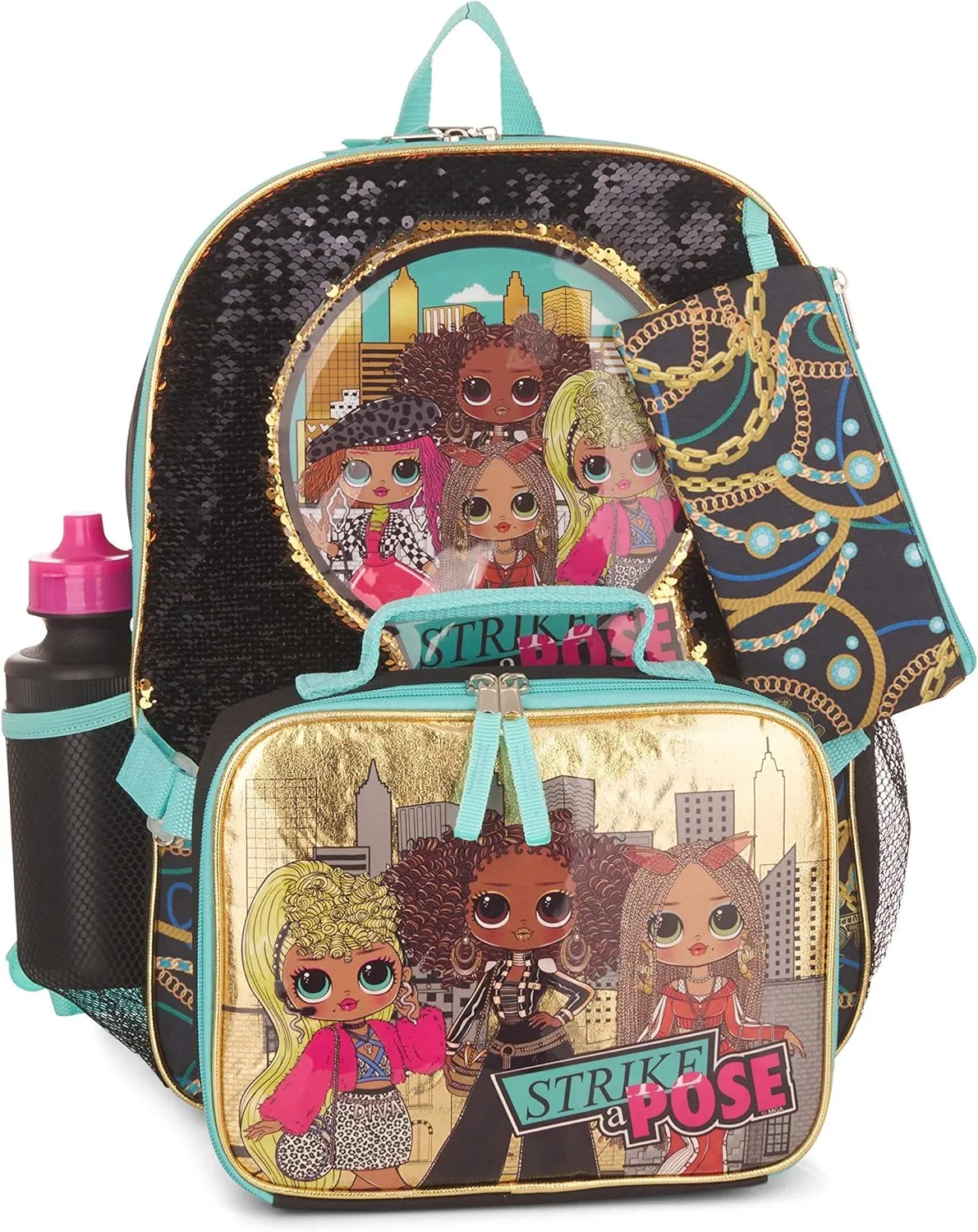 L.O.L. Surprise 5 Piece Backpack Set for Girls, O.M.G. Brush Glitter Sequin 16" School Bag, Black and Gold