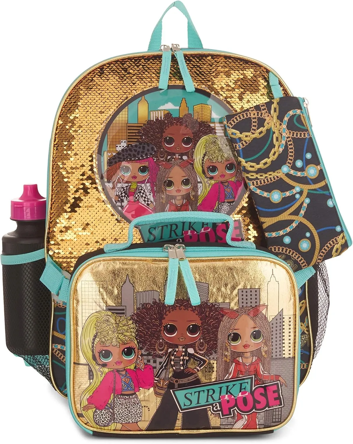 L.O.L. Surprise 5 Piece Backpack Set for Girls, O.M.G. Brush Glitter Sequin 16" School Bag, Black and Gold
