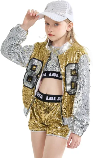 LOLANTA Girls Sequin Dance Costume, Sparkle Hip Hop Jazz Dance Dresses, Modern Dancing Outfits 4-16