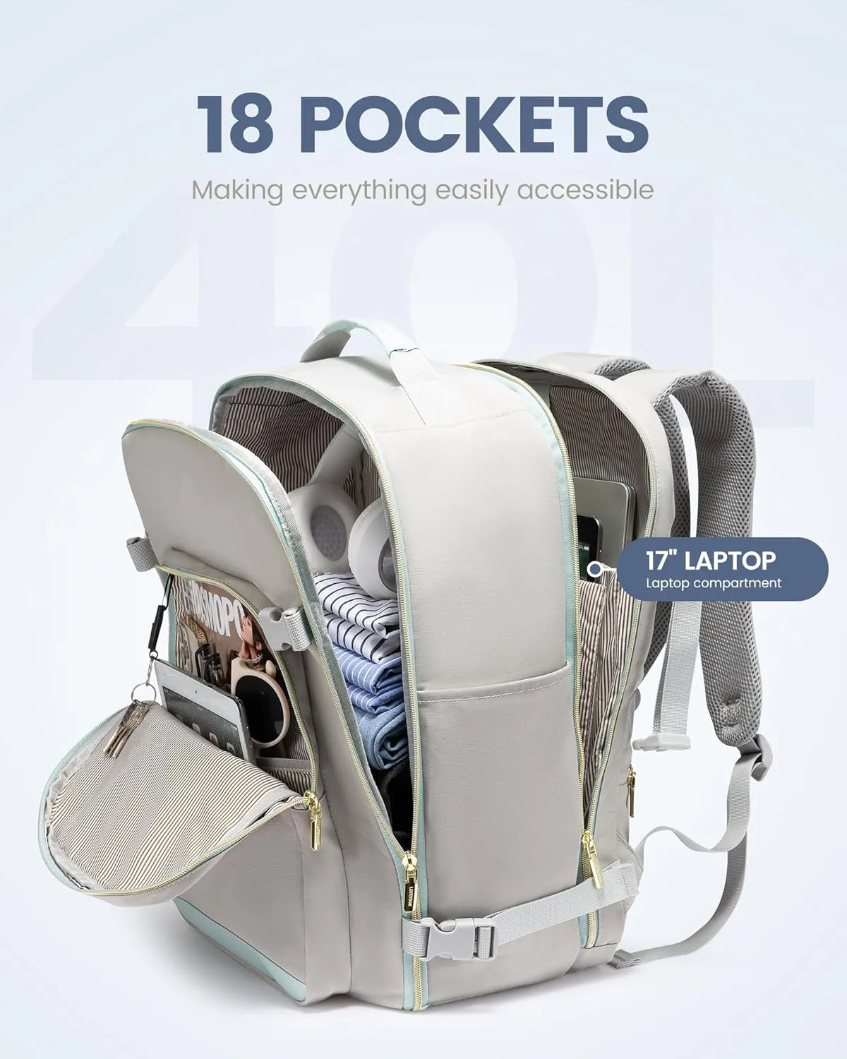 LOVEVEOOK Travel backpack for women, 40L Personal Item Travel Bags with 3 Packing Cubes, Waterproof Carry on Backpack for Airplanes Sports Luggage Backpack Large Hiking Backpack,Light grey-Mint green